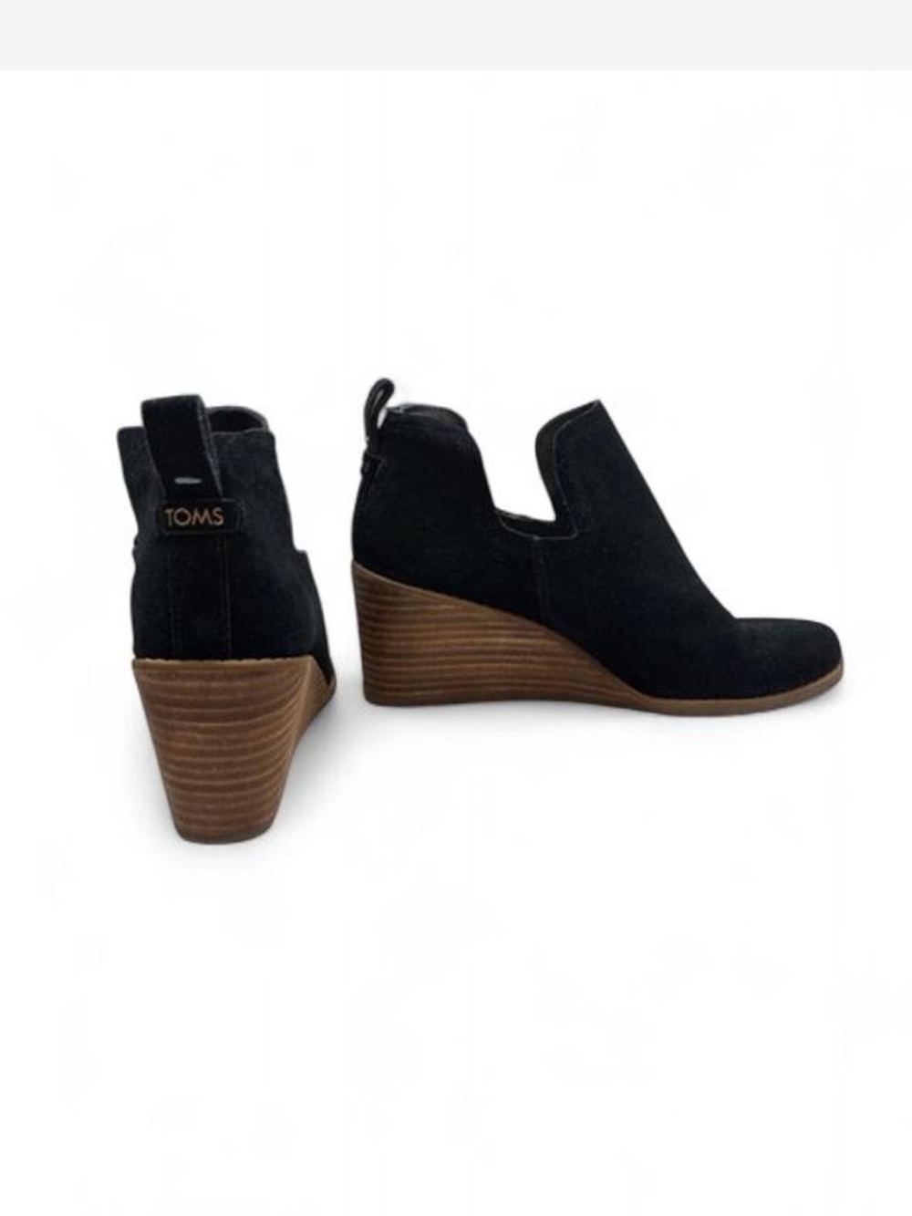 TOMS Black Suede Wedge Booties with Wood-Look Heel